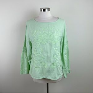 Soft Surroundings Lime Green Floral Embroidered Cotton Long Sleeve Blouse Top